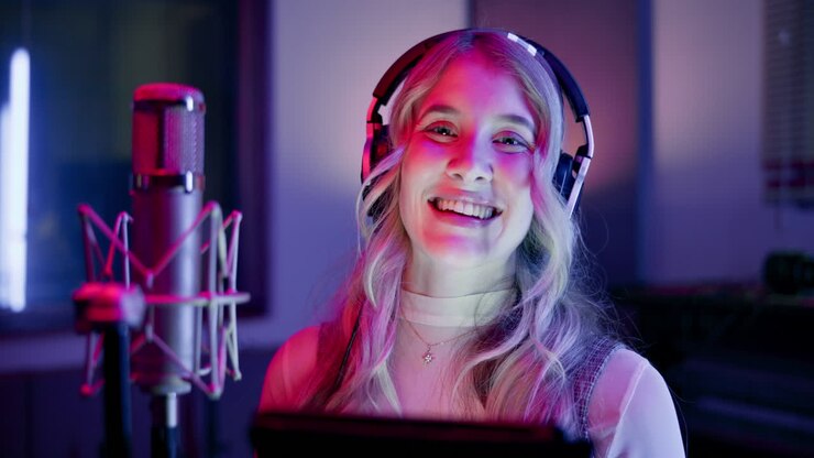 Donna in studio di registrazione con microfono e cuffie