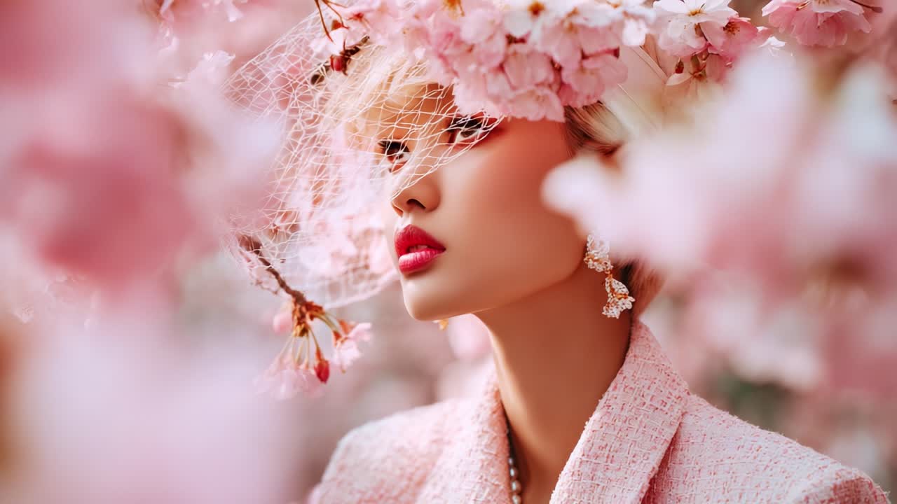 An Ethereal Beauty Surrounded by Blossoming Cherry Flowers, Captivating the Essence of Spring with Graceful Elegance and Soft Pink Hues in a Dreamy Outdoor Setting