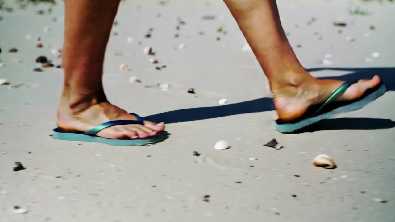 Stepping during weight shift, female legs rolling heel to toe across sandy shore with teal sandals