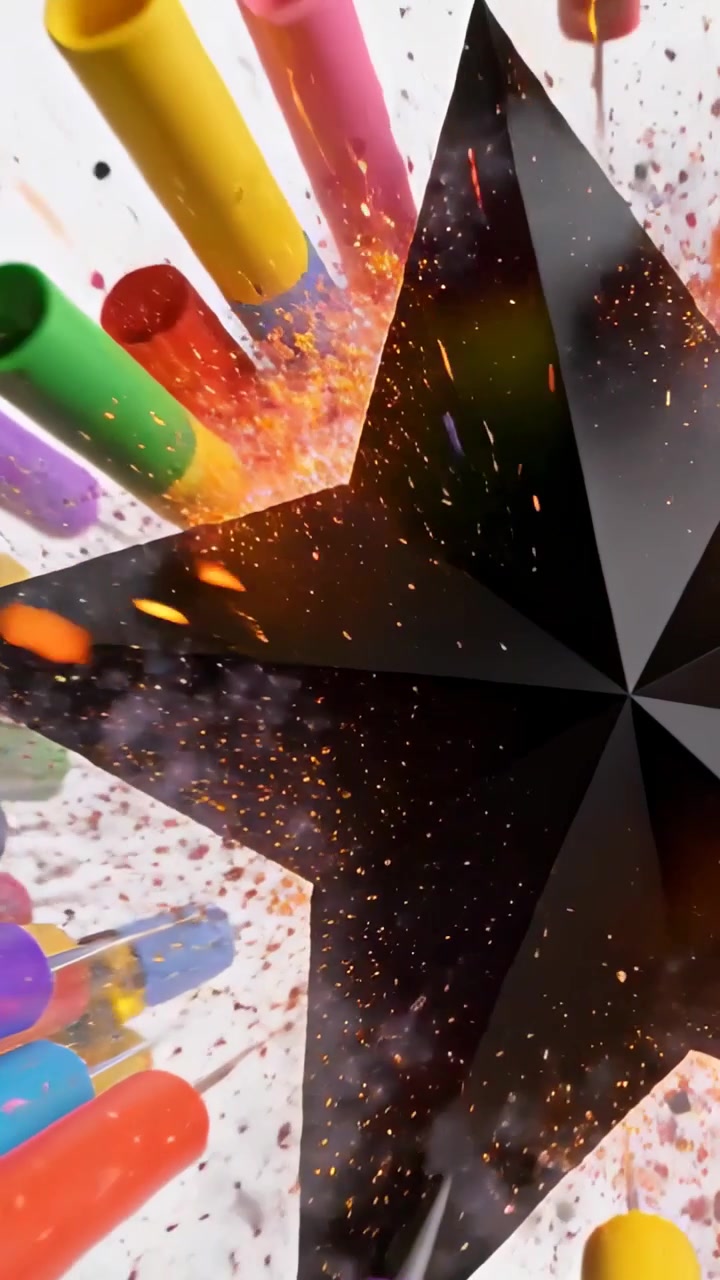 Vertical video: Entering neon tubes spraying paint toward black star in studio, coating facets