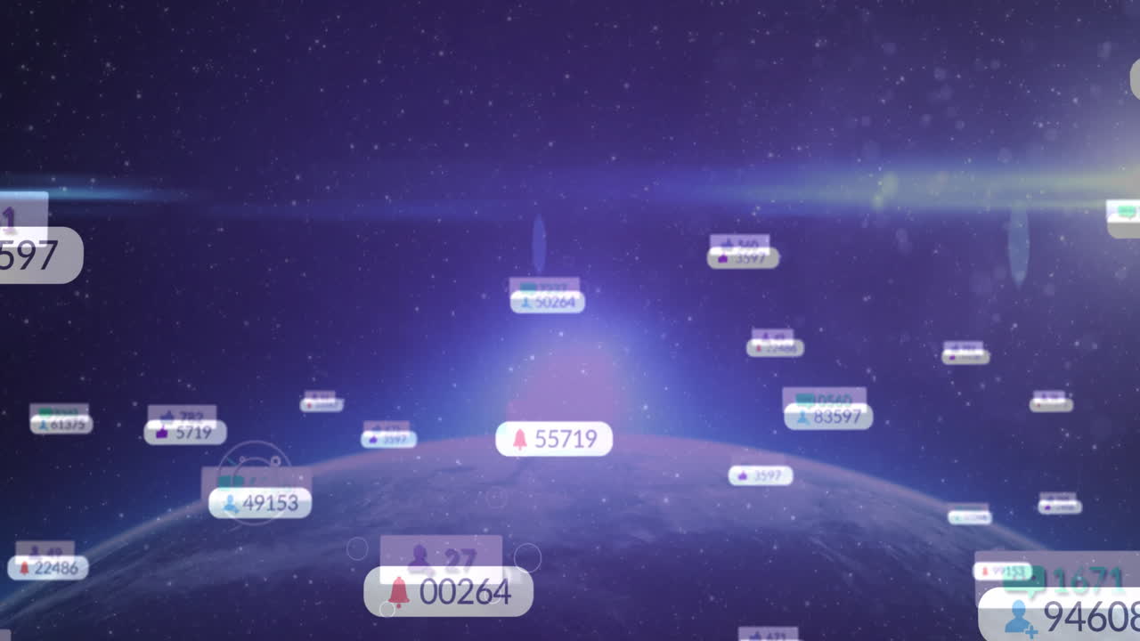 Floating digital notifications over Earth with animation in starry space environment
