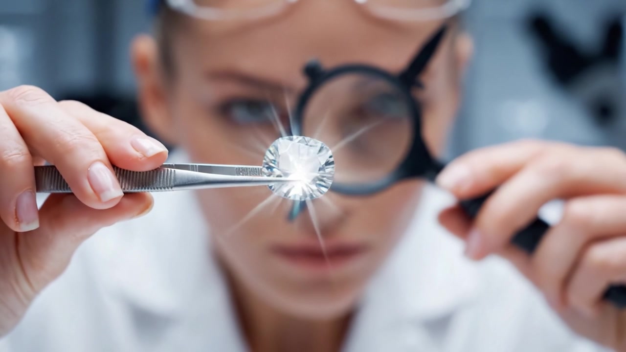 Análise de uma Gema: Um Cientista Focado Examina um Cristal Brilhante com Ferramentas de Precisão em Condições de Laboratório
