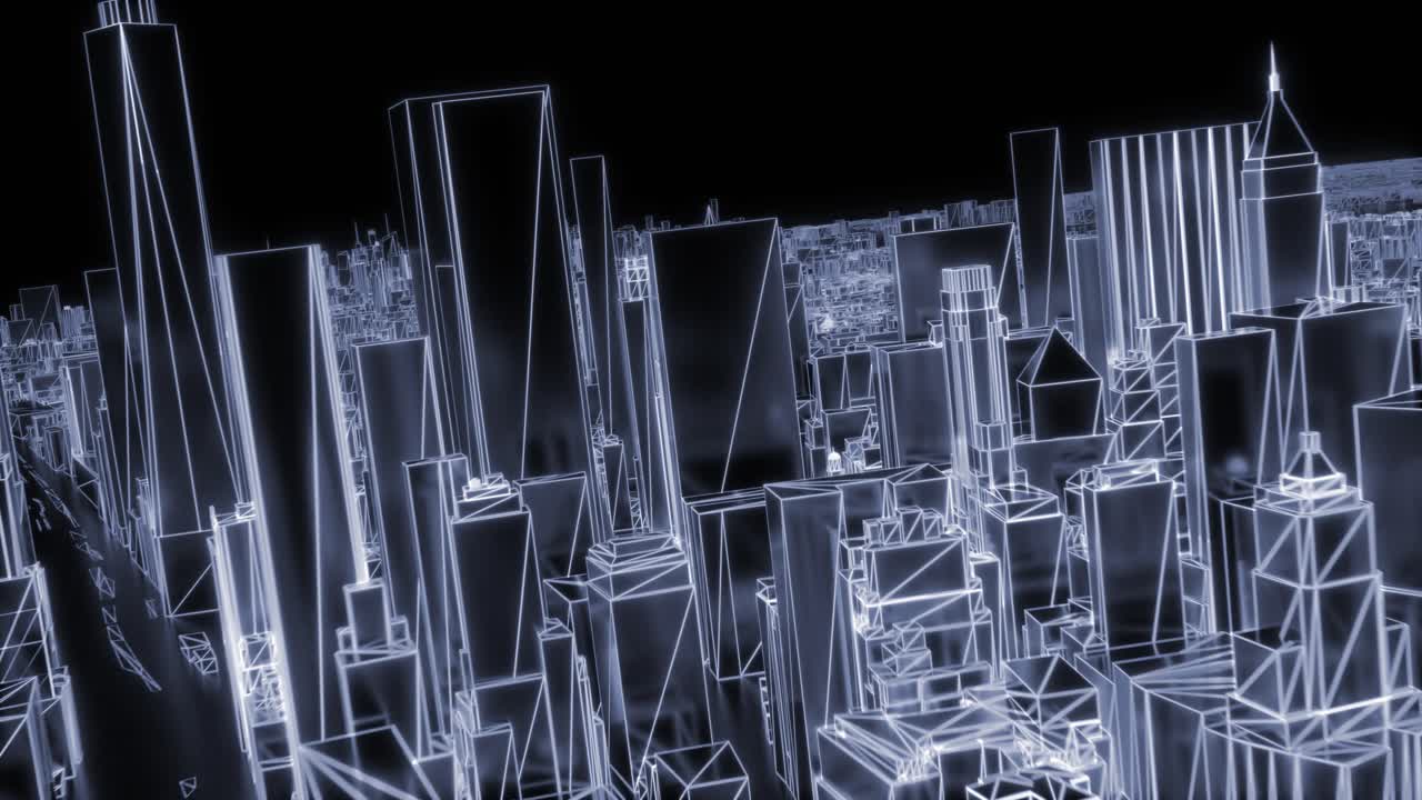 ciudad de neón brillante nueva york nyc flyover wireframe rascacielos de los años 80 4k