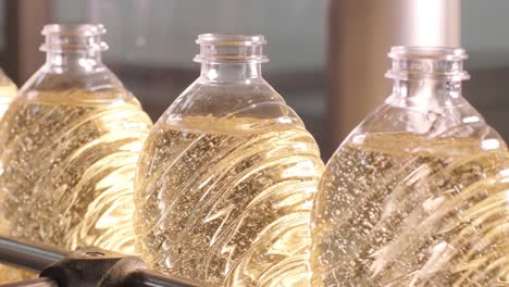 sunflower oil in the bottle moving on production line. bottling line of sunflower oil in bottles. vegetable oil production plant. high technology. industrial background