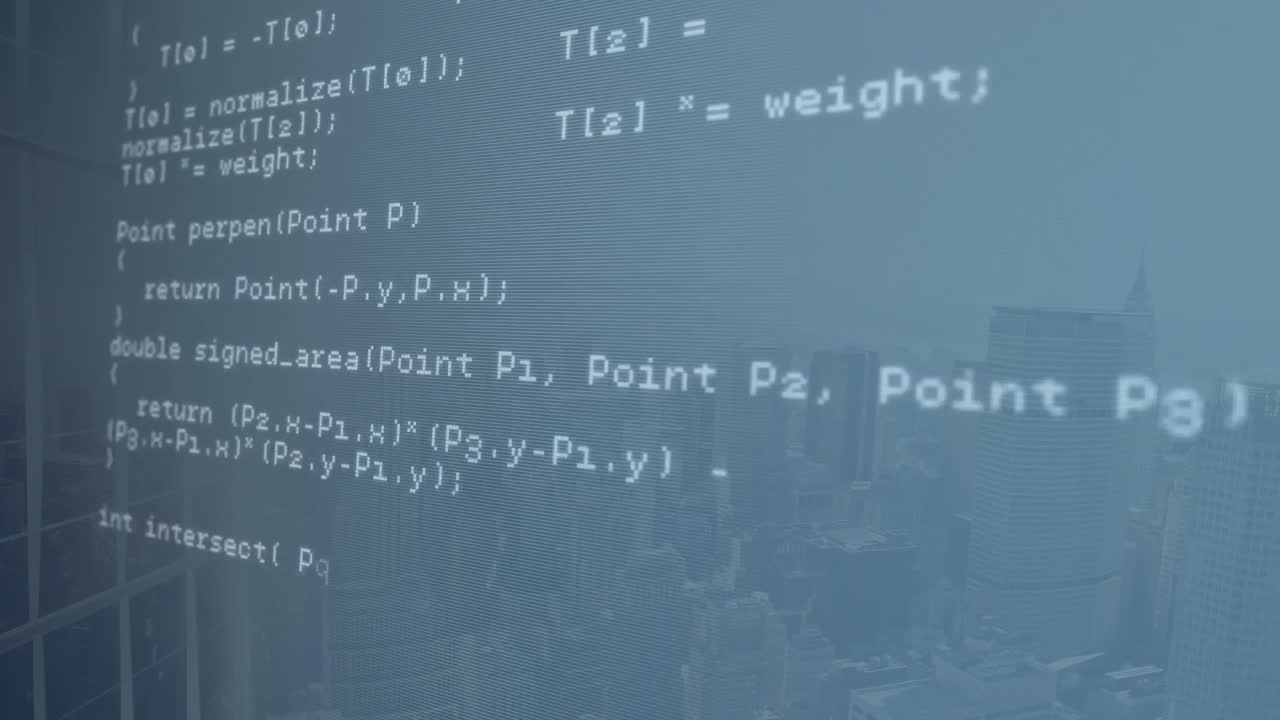 Animation of computer language moving against modern buildings