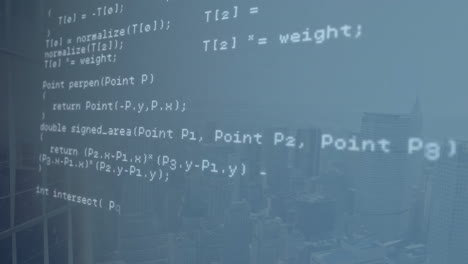 animación del lenguaje informático moviéndose contra edificios modernos