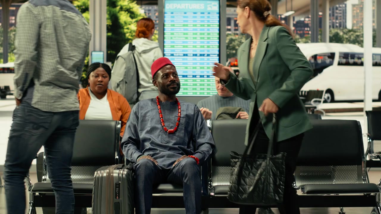 Man in african traditional clothes sitting in bus station for long-haul journey
