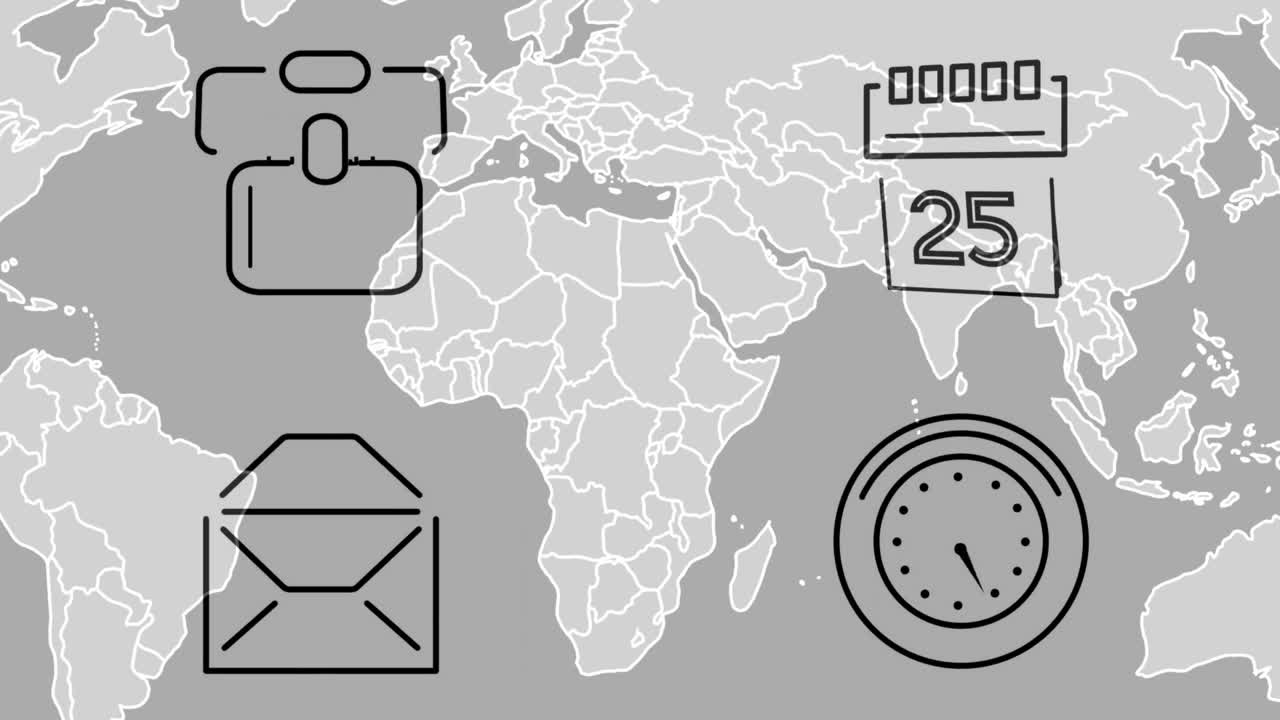 Animation of business icons over world map on grey background