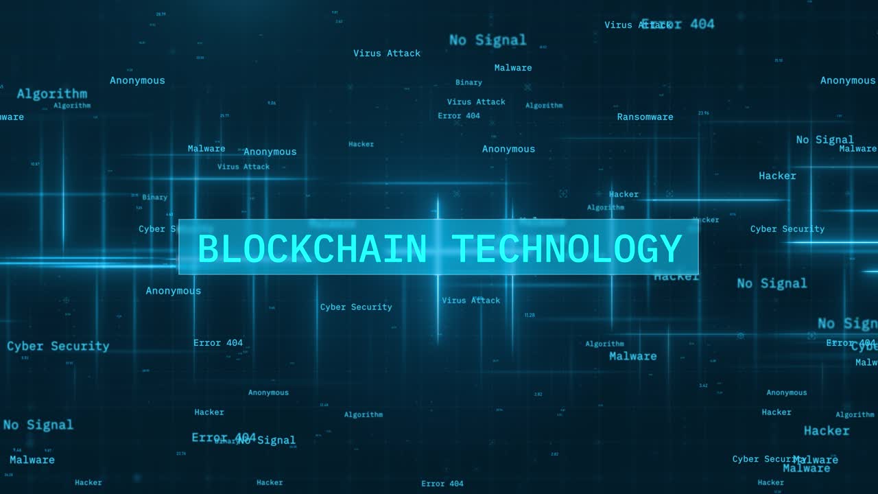 Tekst om Blockchain-teknologi, der vises på en digital cybersikkerhedsbaggrund