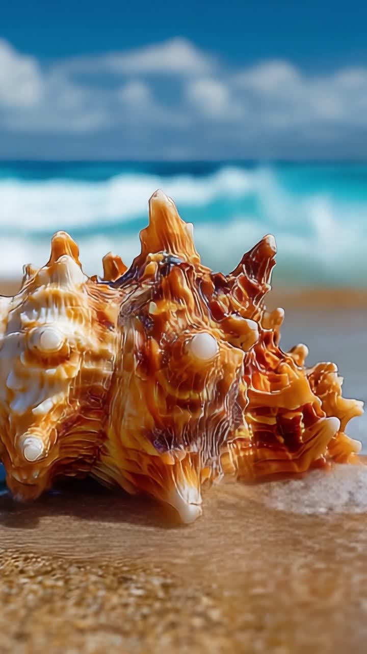 Close-Up View of a Beautiful Seashell on a Sandy Beach with Glistening Waves in the Background, Capturing the Serenity of Coastal Nature