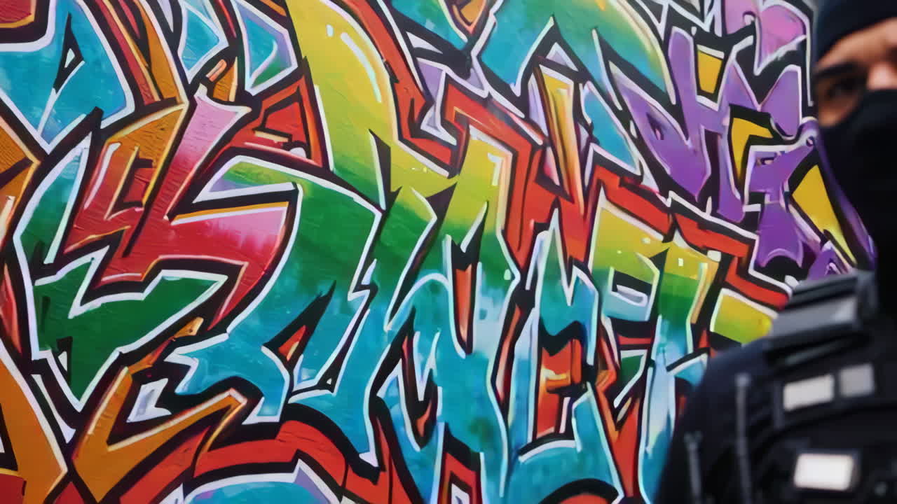 Agente di sicurezza davanti a un muro di graffiti