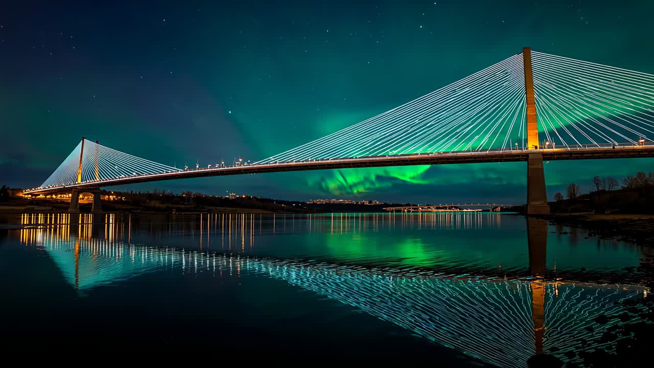 Cable-stayed bridge mirroring calm river at night as auroral band appearing and brightening