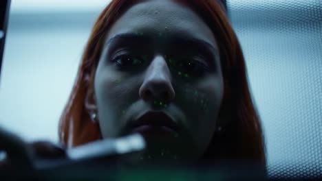 a contemplative moment in a futuristic setting: exploring the depths of emotion and technology through an introspective gaze captured in two frames