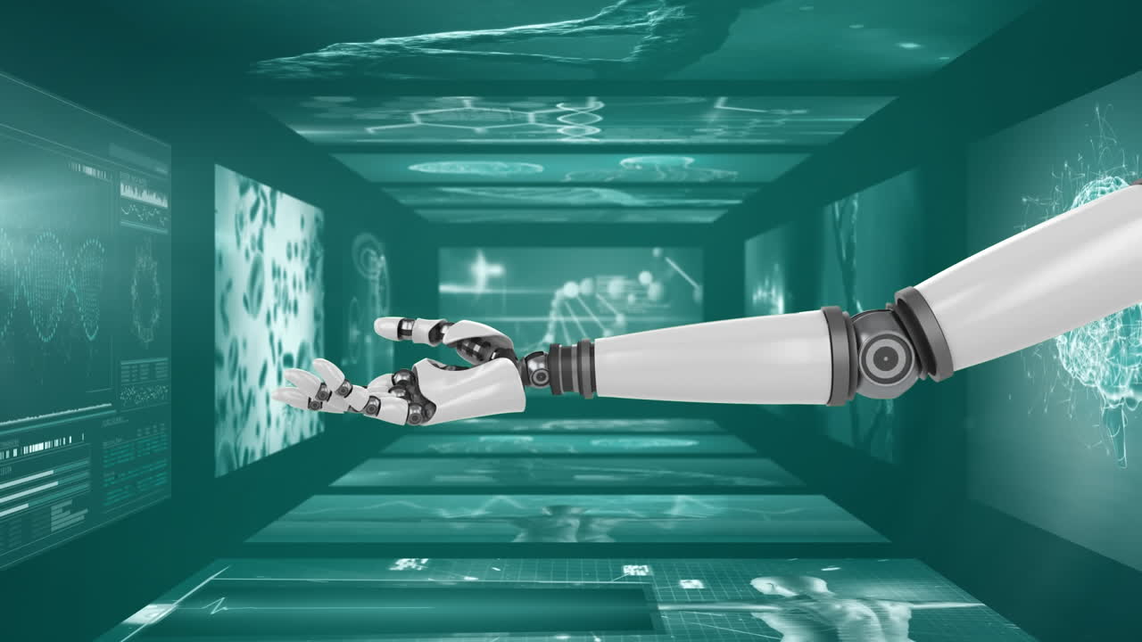 video generado digitalmente de la mano robótica y el procesamiento de datos médicos