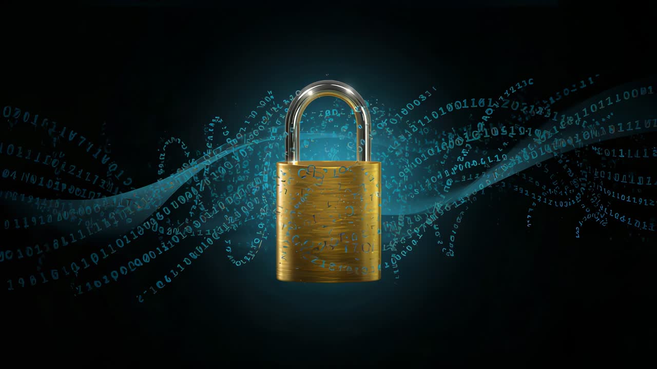 Binary ribbon rippling causing brass padlock glowing zooming with shackle for security online