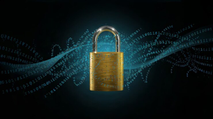 Binary ribbon rippling causing brass padlock glowing zooming with shackle for security online