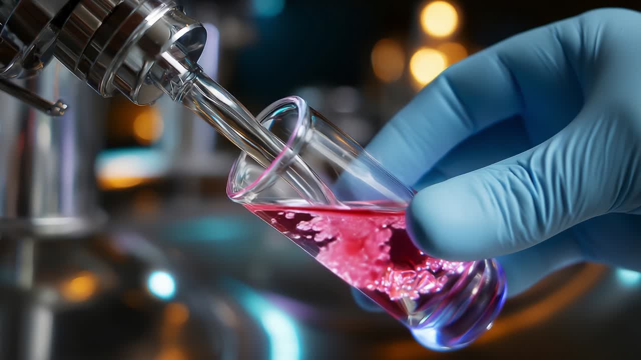 A Lab Technician Carefully Transfers a Vibrant Pink Liquid from a Measuring Instrument into a Small Flask Using a Pipette, Highlighting the Precise Attention to Detail Required in Chemical Experiments