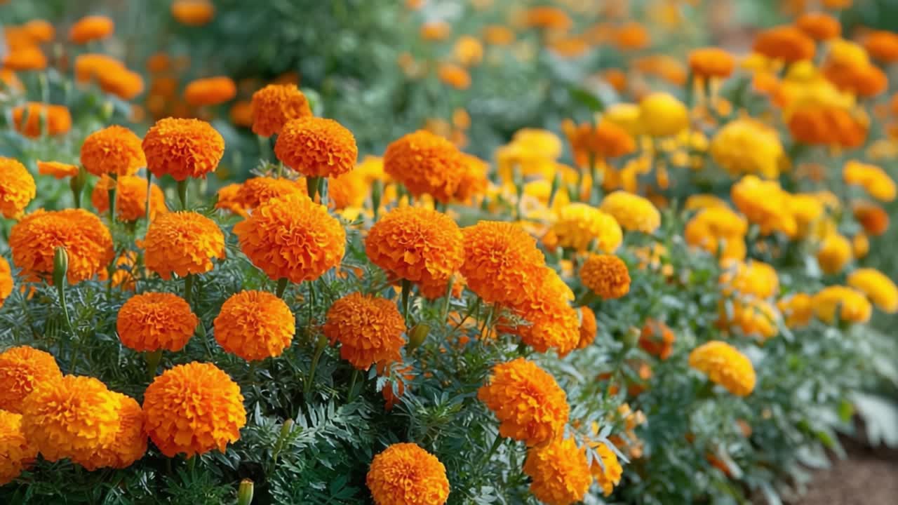 Uno spettacolo vibrante di fiori di calendula in piena fioritura: lo splendido giardino di petali arancioni e gialli che affascina gli amanti della natura e gli appassionati di giardinaggio di tutto il mondo.
