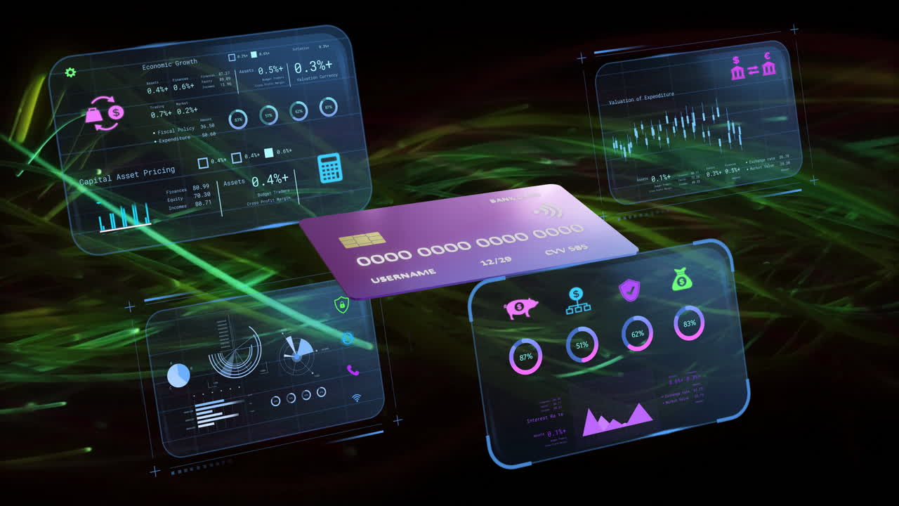 Animation of digital data dashboards with graphs and charts on green background
