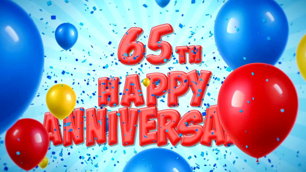 65th Happy Anniversary Red Text Appears on Confetti Popper Explosions Falling and Glitter Particles, Colorful Flying Balloons Seamless Loop Animation for Wishes Greeting, Party, Invitation, card.