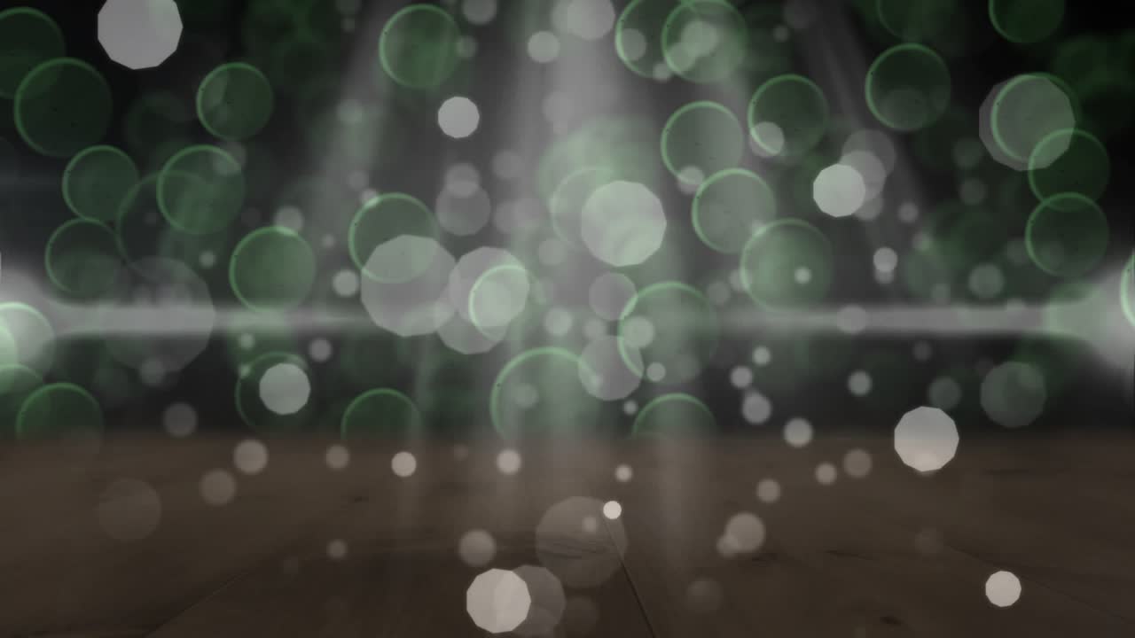 Descending bokeh circles and shafts pulsing, clustering and fading above plank floor creating mood