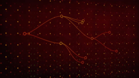 animation of flowing red lines and nodes over digital binary code background