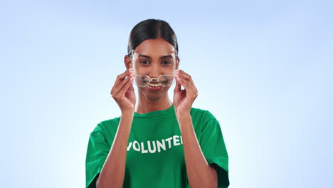 Happy-woman,-volunteer-and-glasses-for-eyesight