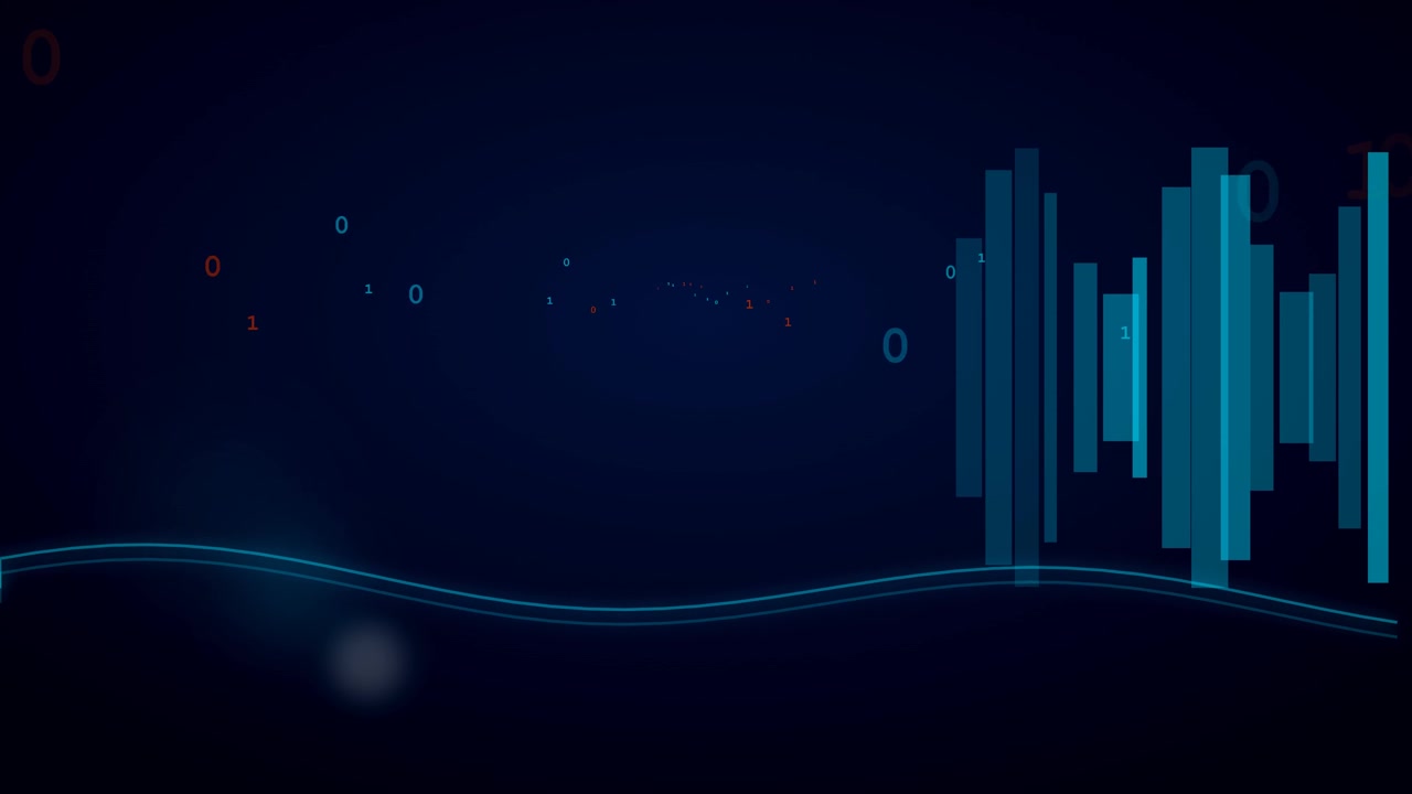 Digital Data Stream with Binary Code and Abstract Sound Wave Visualization