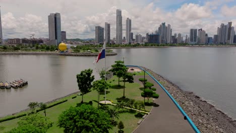 Aerial-orbit-of-Panama-flag-with-Panama-city-in-the-background