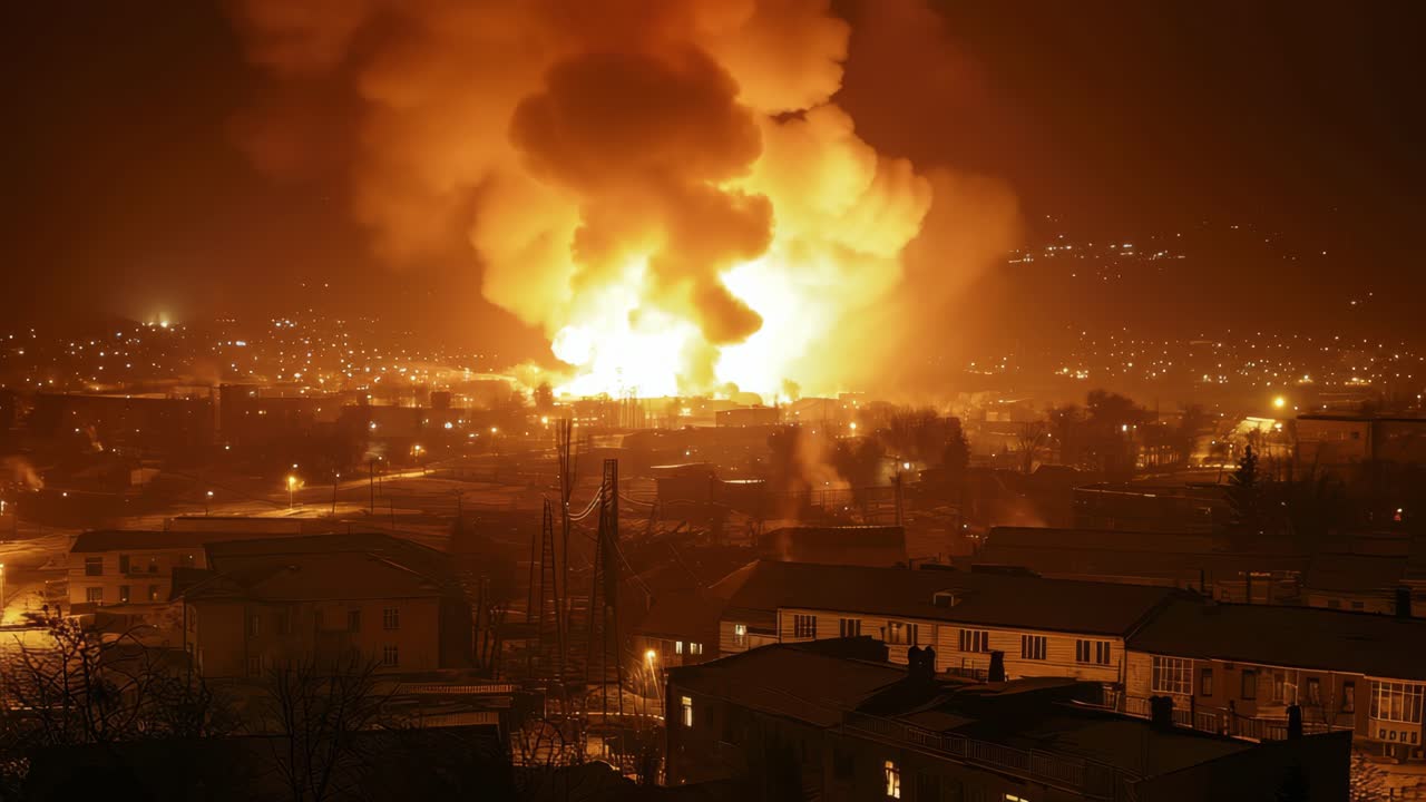 Industrial fire raging at night, massive smoke plume rising over residential buildings, intense orange flames casting dramatic light across dark urban landscape
