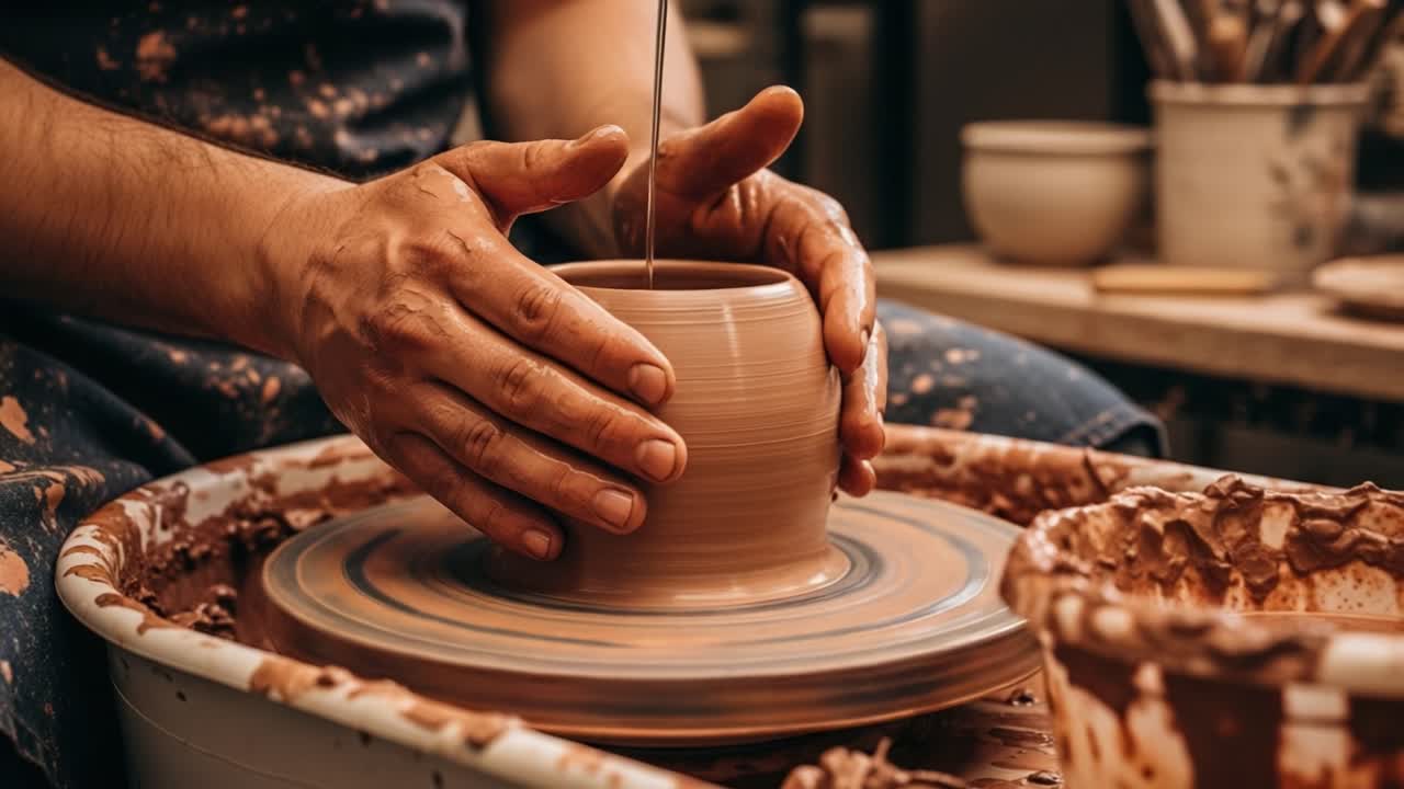 L'arte della ceramica: un abile artigiano modella l'argilla in un bellissimo recipiente su un tradizionale tornio da vasaio in un ambiente creativo da studio