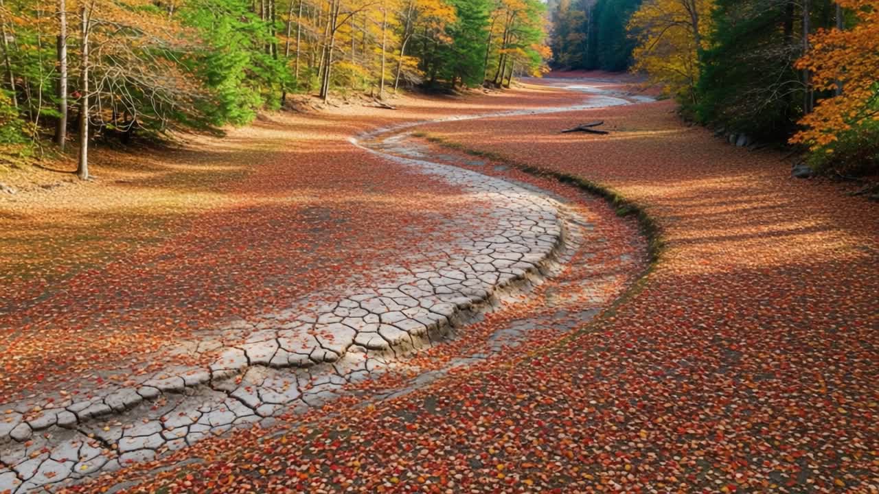 A Serene Autumn Landscape with a Meandering Dry Riverbed Surrounded by Colorful Foliage and Fallen Leaves, Showcasing Nature's Seasonal Transition