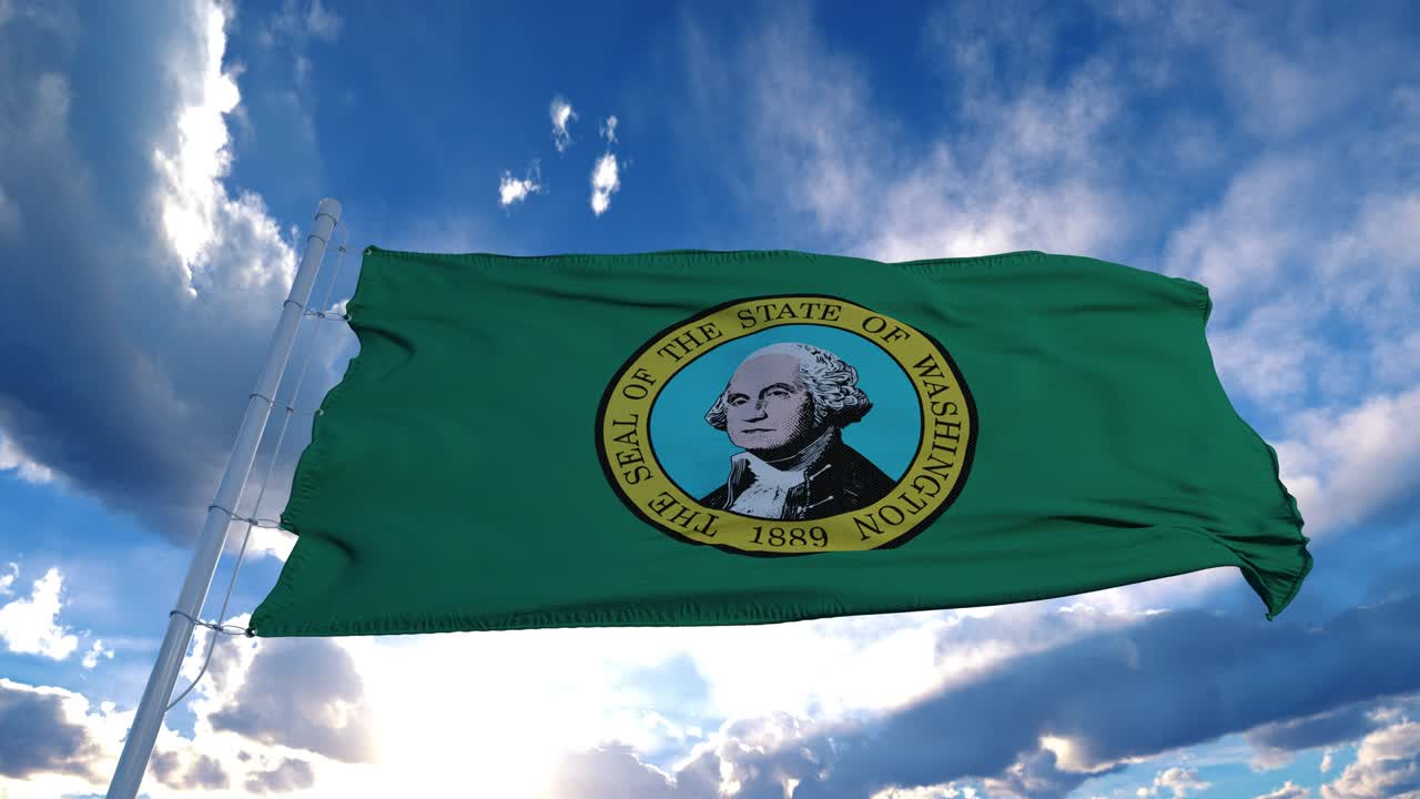 바람에 흔들리는 발 기둥 위의 워싱턴 발, 파란 하늘 배경.