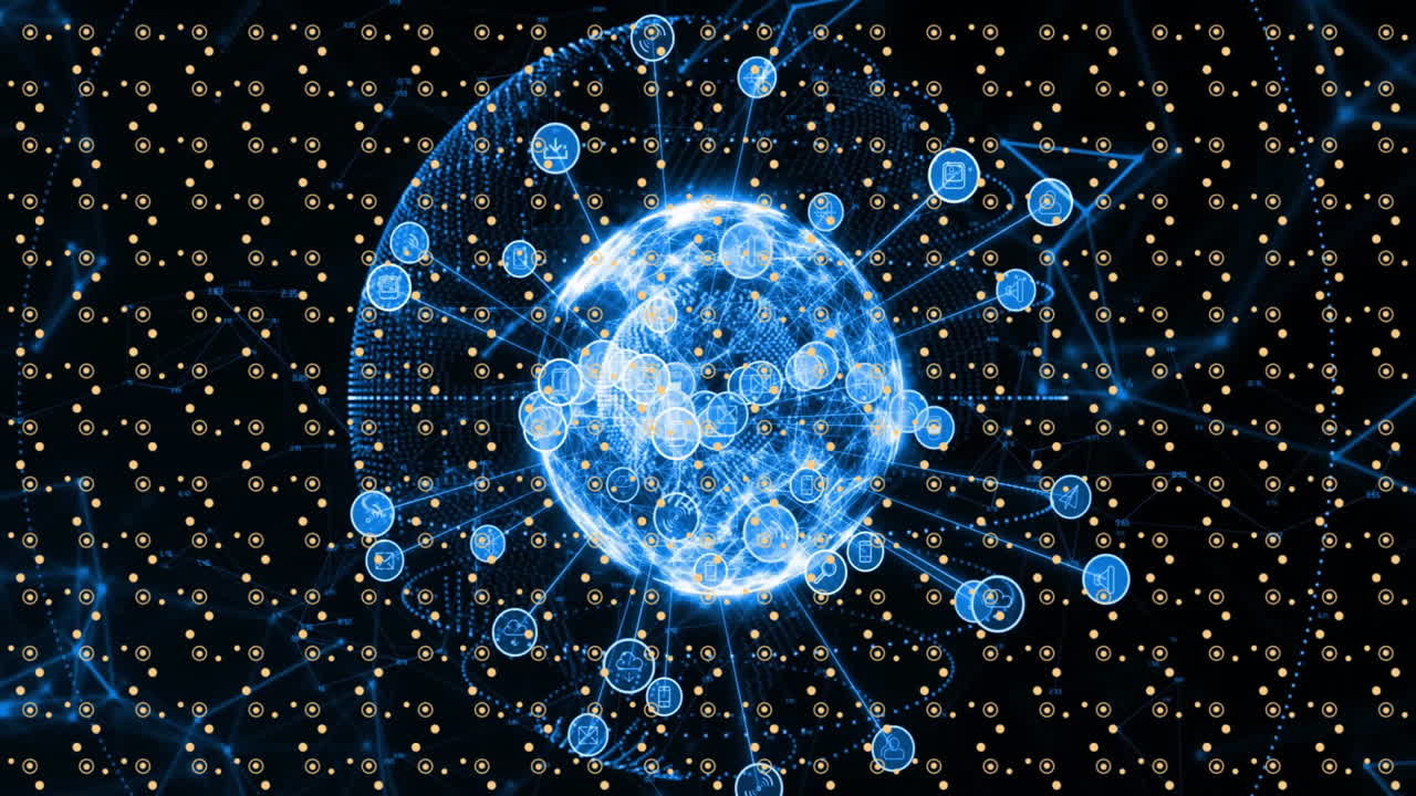 Animation of glowing blue network sphere with interconnected nodes in dark background
