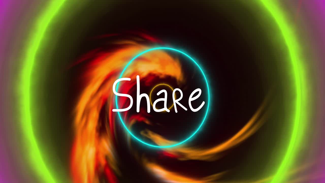 Animation of share text in arrows over looping circles against multicolored wave pattern