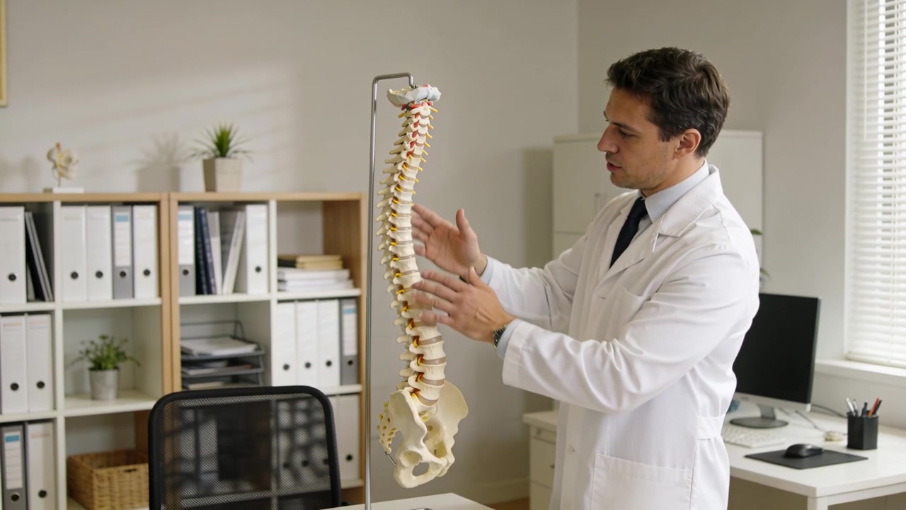 Medico in camice bianco che spiega, iniziando la visita in clinica, indicando un modello di colonna vertebrale completa, con spazio per il testo.