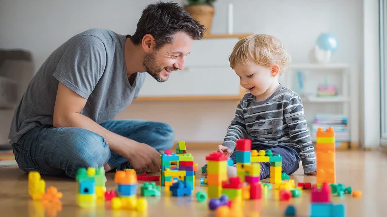 Father and son building with colorful blocks in a cozy living room