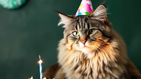 a cat wearing a party hat sitting next to a birthday cake
