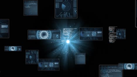 animation of data processing with scope scanning over light spots on black background