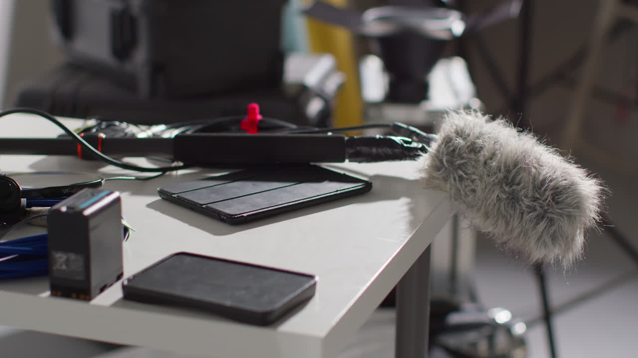 1 스튜디오에서 마이크  기둥과 바람 마프를 가진 영화 사운드 녹음 장비의 클로즈업 영화 또는 비디오 촬영