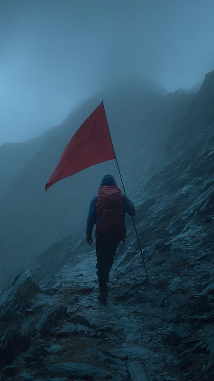 Un avventuriero solitario scala un fianco nebbioso della montagna, trascinando audacemente una vivace bandiera rossa, che simboleggia la determinazione e l'esplorazione in un paesaggio aspro e avvolto dalla nebbia.