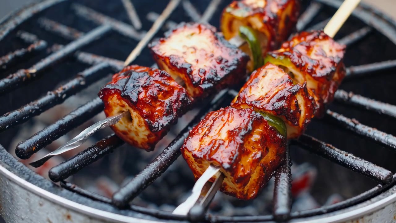 Lähikuva paneer- ja paprikavartaista grillaamassa grillissä