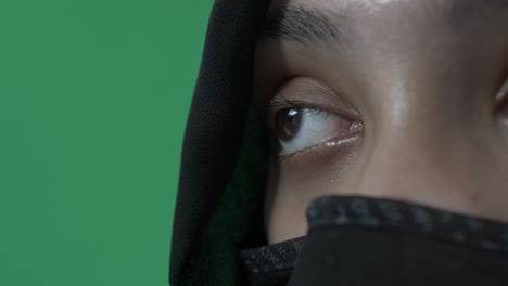 close up right eye of hijab muslim women wearing face mask