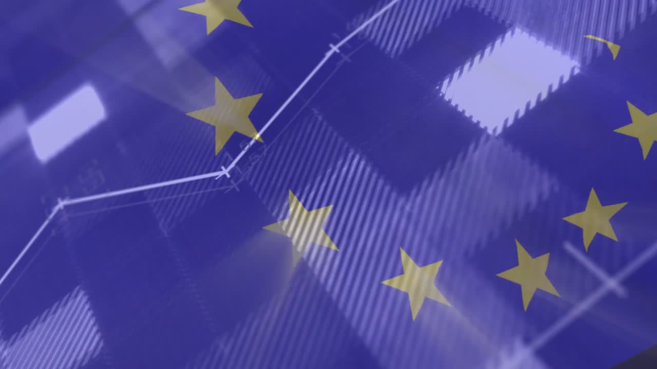 Bandiera dell'UE che sventola innesca la dissolvenza dei dati con barre che pulsano e una linea che sale per visualizzare le tendenze di mercato.