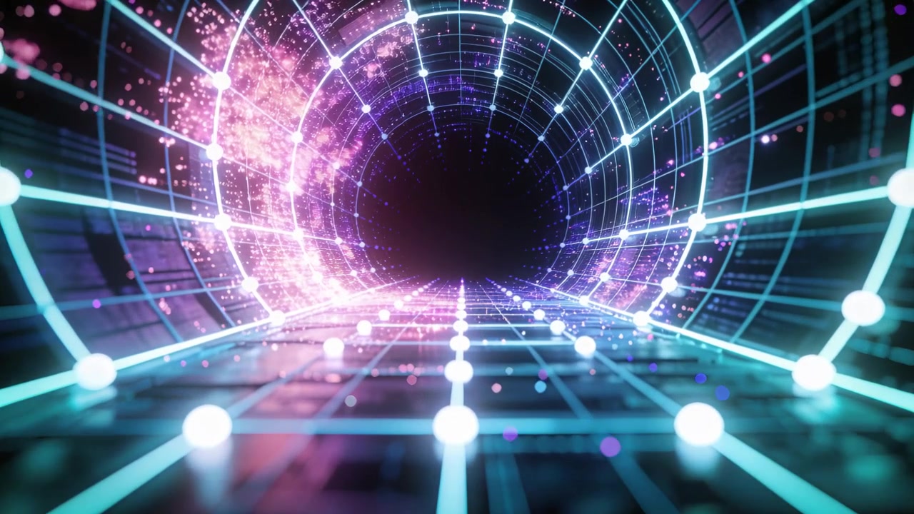 La telecamera si muove verso un'apertura scura, un tunnel al neon con pavimento, sfere e particelle che si illuminano.
