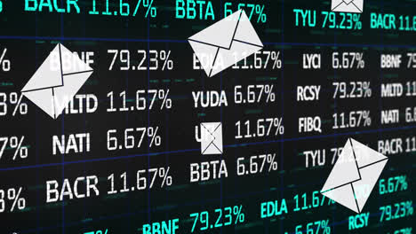 animation of email envelope icons falling over financial shares data processing