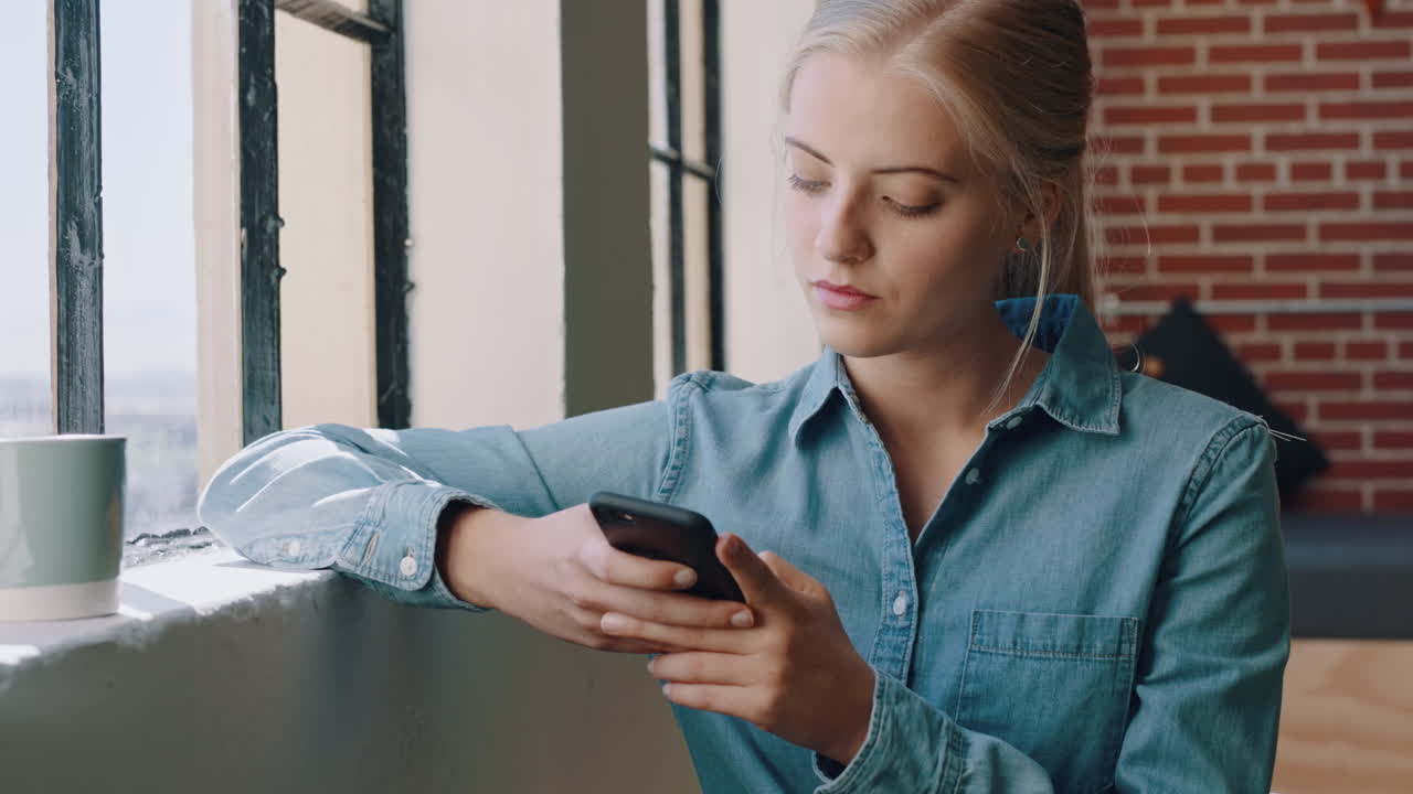 Business woman, phone and thinking by window