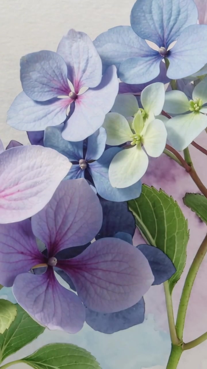 Vertical video: Panning camera down revealing watercolor hydrangea petals, stems and washes on desk
