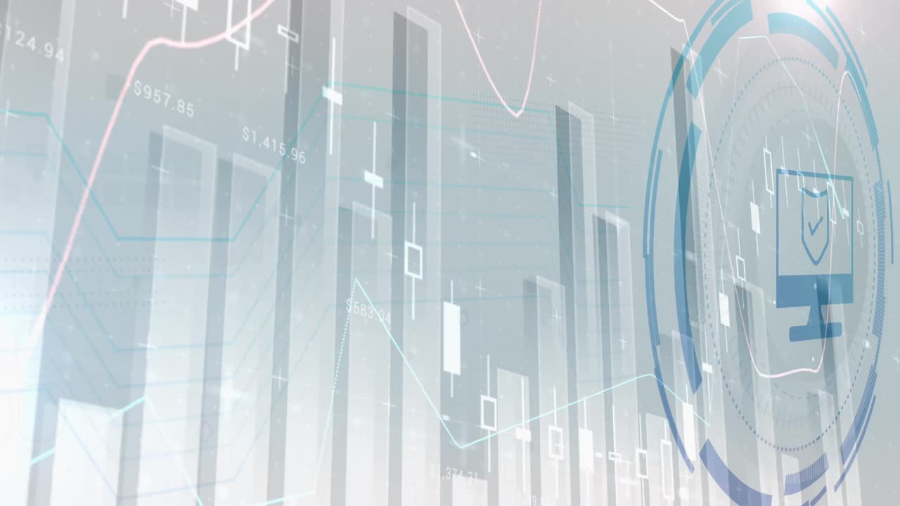 Animation of computer icon over data processing on white background