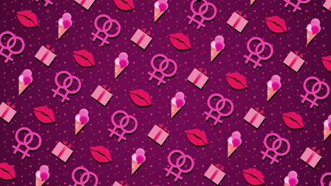 valentine's day for lgbt people. seamless looping background with two female signs. moving gift boxes, hearts, lips, ice cream. motion graphic 4k uhd video. flat shapes design looped animation. lesbian love
